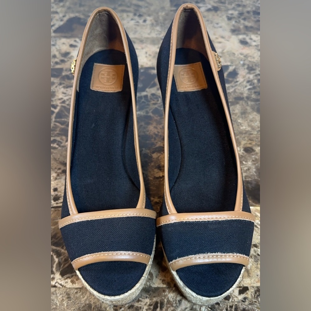 Tory Burch Majorca Espadrille Wedge Black Peep Toe Heel